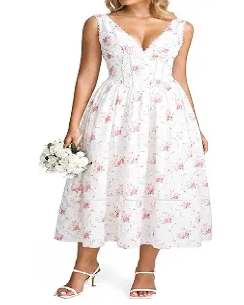 Model in a white MIDI dress with a pink floral print, features a lace-up bodice and a flared skirt, holding a white flower bouquet.