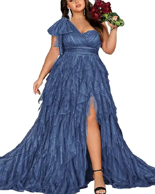 Steel blue one-shoulder tulle maxi dress adorned with layered ruffles, a shoulder bow detail, and a high front slit.
