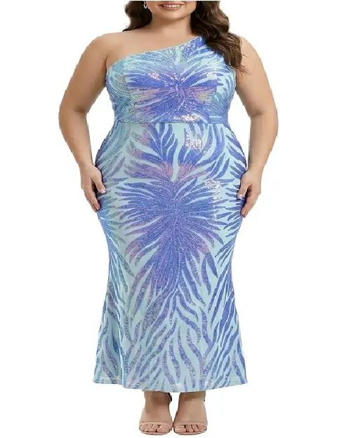 Light blue and purple one-shoulder sequin mermaid gown featuring an abstract feather-like pattern.