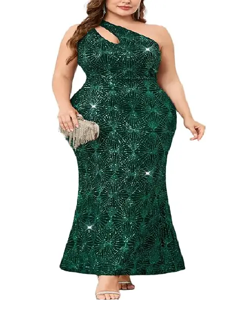 Emerald green one-shoulder glitter mermaid gown featuring a geometric starburst sequin pattern.