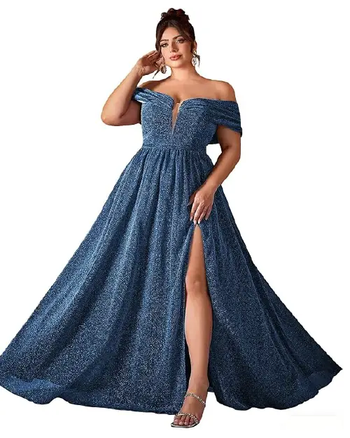 Deep blue shimmering off-the-shoulder evening gown featuring a draped neckline, cinched waist, and a high front leg slit.