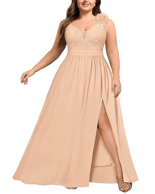 Soft peach sleeveless evening gown featuring a heavily sequined bodice, a decorative shoulder flower detail, and a high front leg slit.