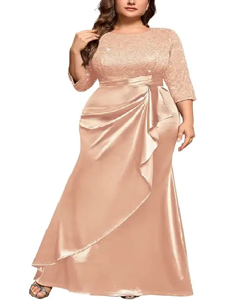 Champagne pink three-quarter sleeve evening gown featuring a shimmering sequin bodice and a draped satin skirt overlay.