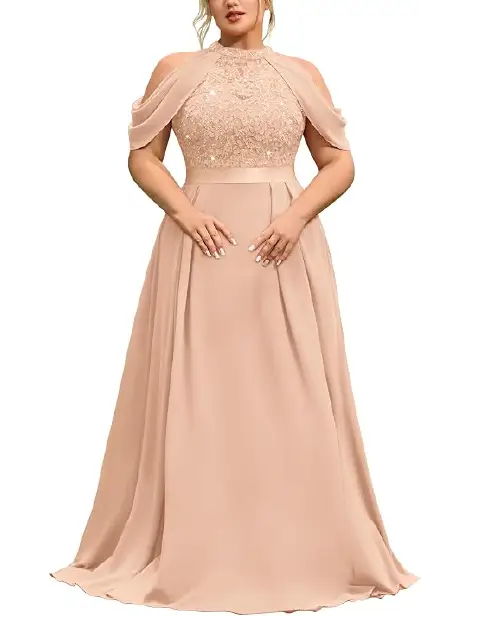 Dusty rose cold-shoulder evening gown featuring a high lace-detailed neckline, sheer draped sleeves, and a pleated chiffon skirt.