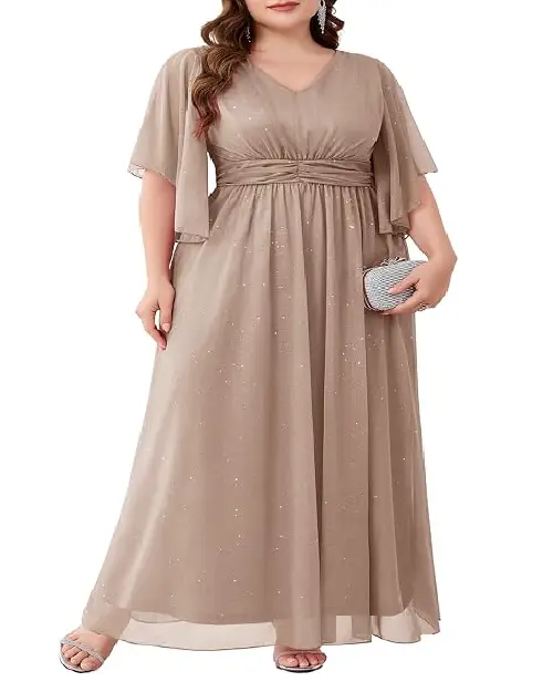 Taupe shimmering short flutter-sleeve maxi dress featuring a V-neckline, ruched waistband, and a flowing chiffon skirt.