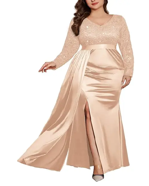 Plus size champagne gold satin evening party maxi dress with sequin bodice and high slit