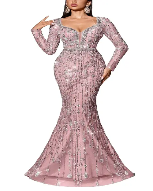Luxurious pink crystal-embellished long sleeve formal maxy dress.