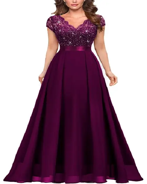 Elegant dark purple short-sleeve lace bodice evening maxy dress.