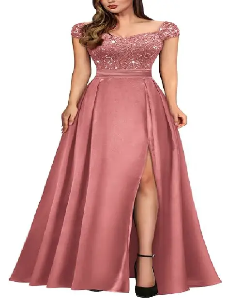 Rose pink off-shoulder sequin bodice evening maxy dress with slit.