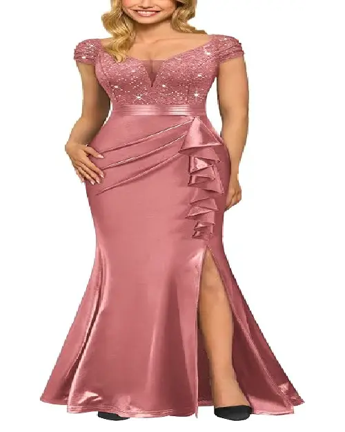 Dusty pink short-sleeve maxy dress with ruffle details and high slit.