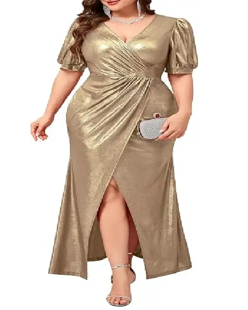 Metallic gold short-sleeve wrap style evening maxy dress with slit.