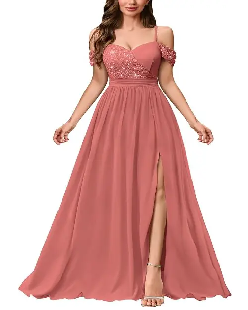 Dusty rose off-shoulder sweetheart neckline evening maxy dress with slit.