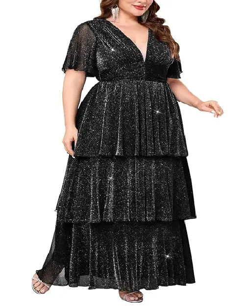Black glitter tiered maxi dress featuring short flutter sleeves and a multi-layered ruffled skirt.