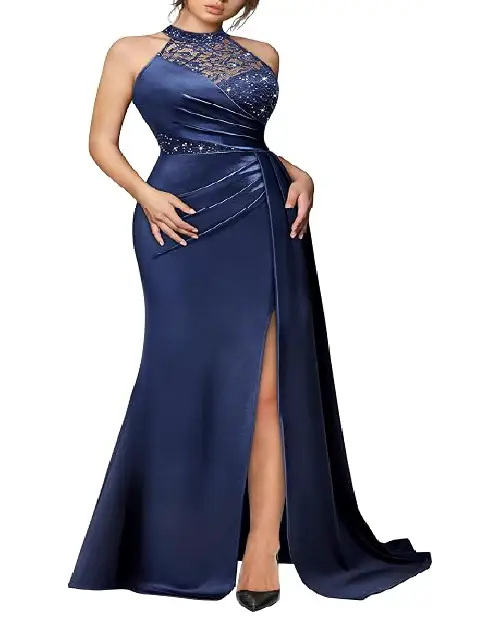 Elegant navy blue halter neck satin evening maxy dress with sequin lace and high slit.
