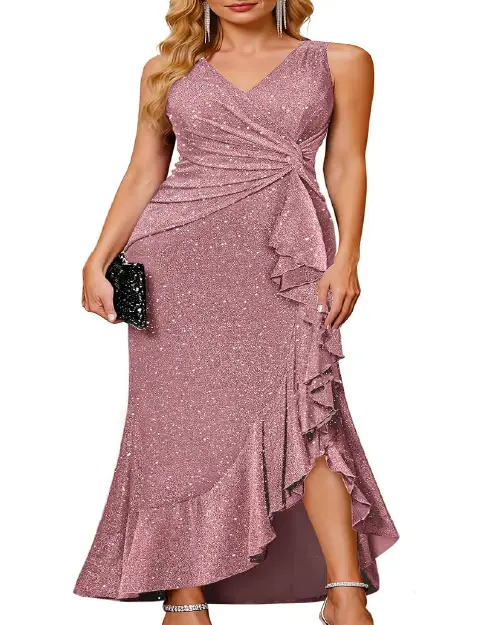 Sparkling mauve pink V-neck evening maxy dress with side ruffles and high slit.