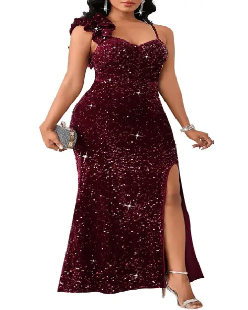 Deep burgundy one-shoulder sequin maxy dress with shoulder flower detail and high slit.
