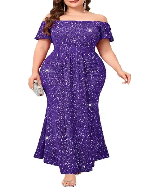 Royal purple off-shoulder sparkly evening maxy dress with fitted silhouette.