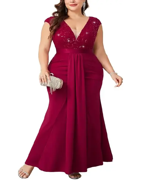 Deep ruby red V-neck evening maxy dress with sequin bodice and front drape.