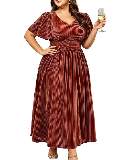 Metallic bronze pleated short sleeve evening maxy dress with cinched waist.