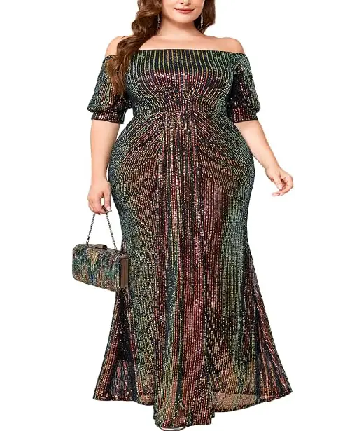 Multicolored metallic striped off-shoulder evening maxy dress.