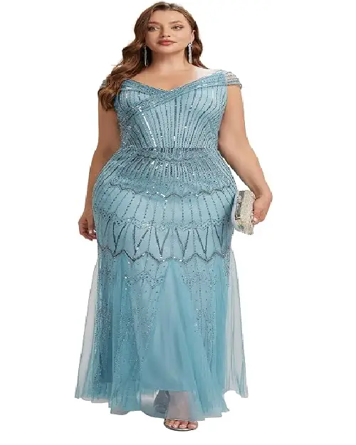 Light sky blue geometric patterned sequin evening maxy dress.