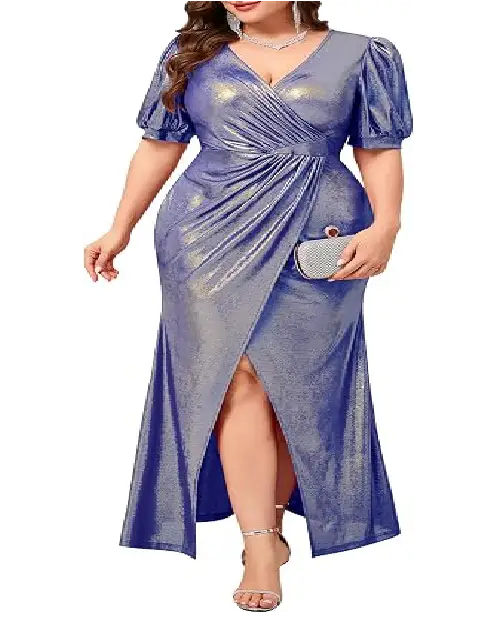 Shimmering blue wrap-style maxi dress featuring short sleeves and a high front slit.