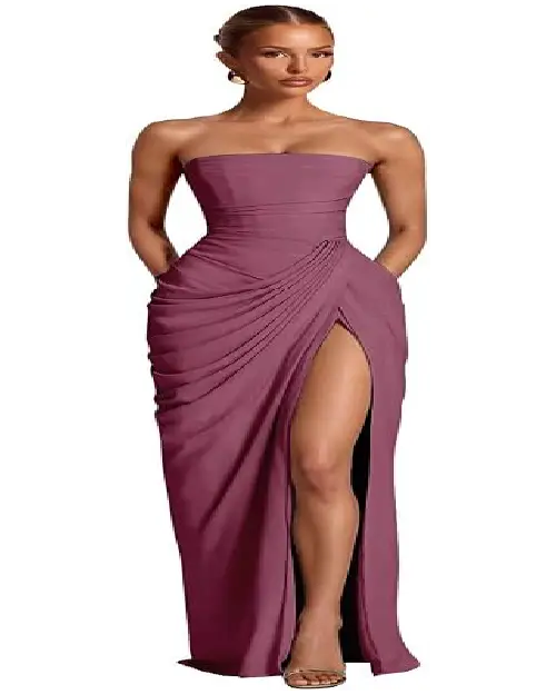 Elegant mauve pink strapless sweetheart maxi dress with high thigh slit and draped bodice.