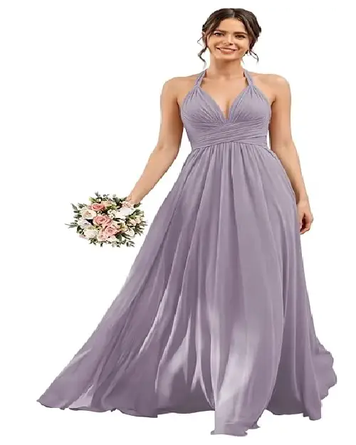 Light purple lavender halter neck pleated chiffon maxi bridesmaid dress holding a floral bouquet.