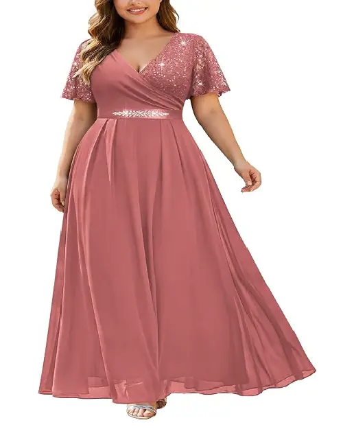 Dusty rose plus size maxi dress with sequin short sleeves and jeweled waist belt.