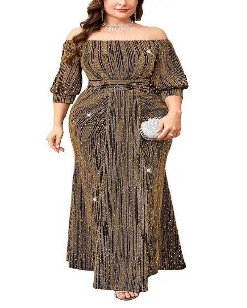 Glamorous metallic gold shimmery off-the-shoulder plus size evening dress with matching clutch.
