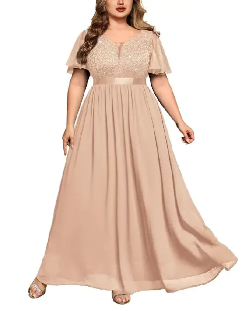 Elegant champagne plus size maxi dress with sheer lace bodice and flowing chiffon skirt.