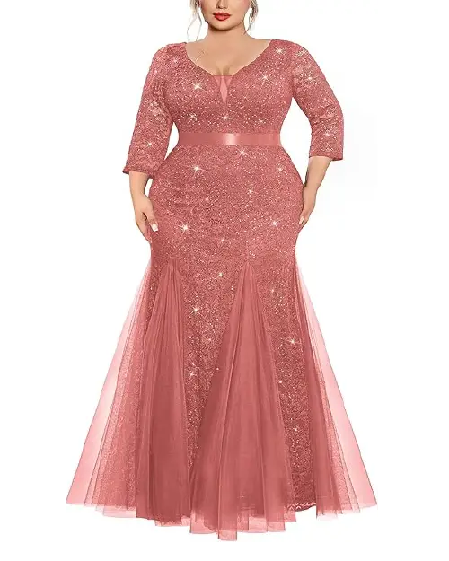 Sparkling rose pink glitter mermaid maxi dress with sheer tulle pleated godets and quarter sleeves.