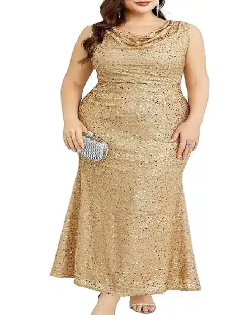 Sparkling gold sequin bodycon mermaid maxi dress with cowl neckline holding a silver clutch.