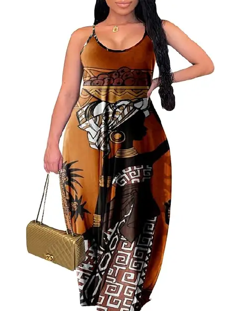 Bohemian style sleeveless orange and brown maxi dress with traditional African art graphic print.