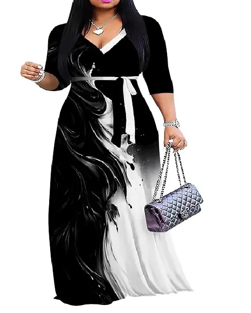Elegant black and white abstract fluid print maxi dress with V-neckline and white waist tie.
