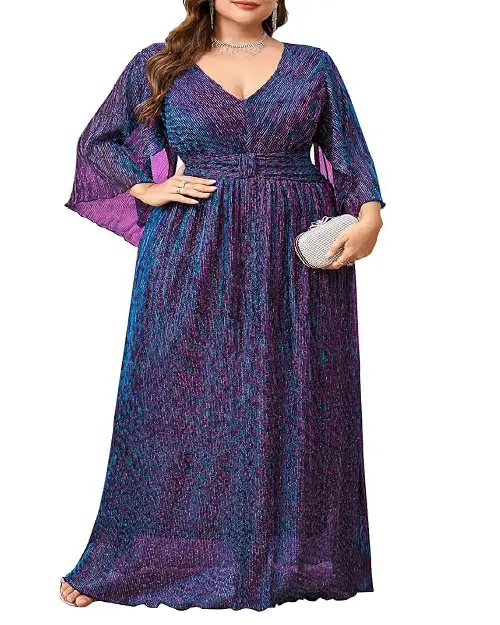 Multicolored metallic purple and teal maxi dress with short flutter sleeves and a pleated texture.