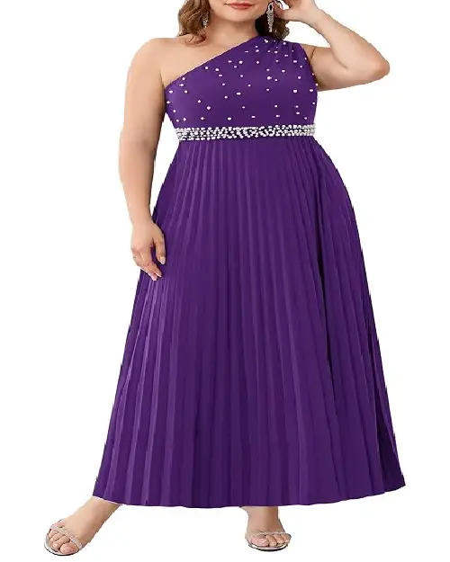 Plus size purple one-shoulder pleated evening maxi dress with pearl embellishments and crystal belt.