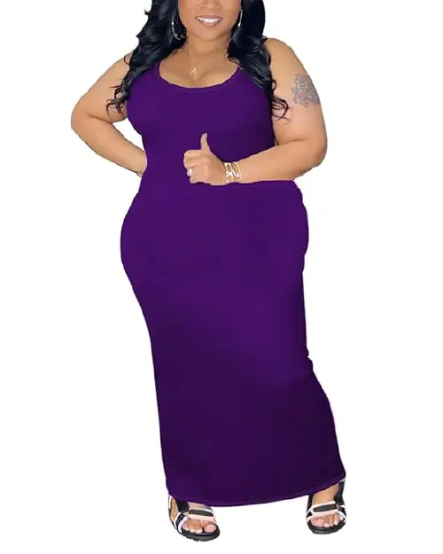 Plus size purple sleeveless scoop-neck casual bodycon maxi dress.