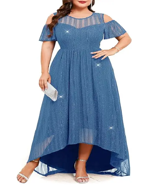 Shimmery steel blue cold-shoulder plus size evening dress with sheer pleated high-low hemline.
