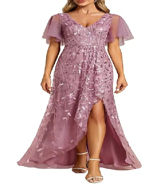 Dusty purple sheer mesh maxi dress with sparkling leaf embroidery, flutter sleeves, and high leg slit.