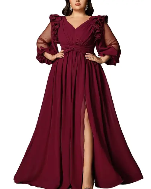 Deep burgundy plus size evening gown with layered ruffled sheer sleeves and high leg slit.