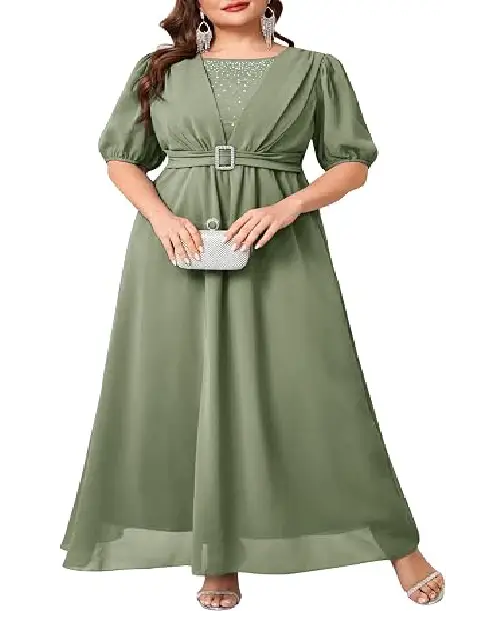 Sage green plus size chiffon maxi dress with sequin bodice accent and rhinestone buckle belt.