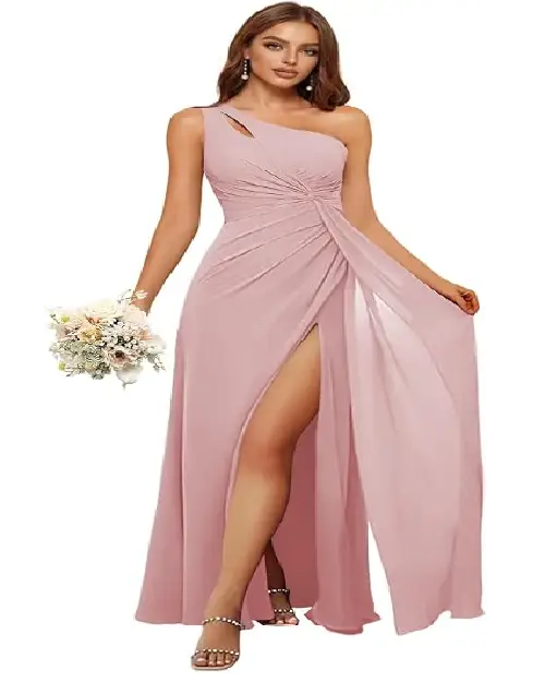Pinkish-mauve one-shoulder pleated chiffon evening dress with high leg slit holding a floral bouquet.