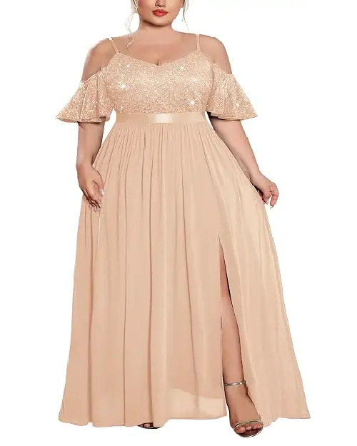 Sparkling champagne plus size cold-shoulder evening dress with satin waist sash and high slit.