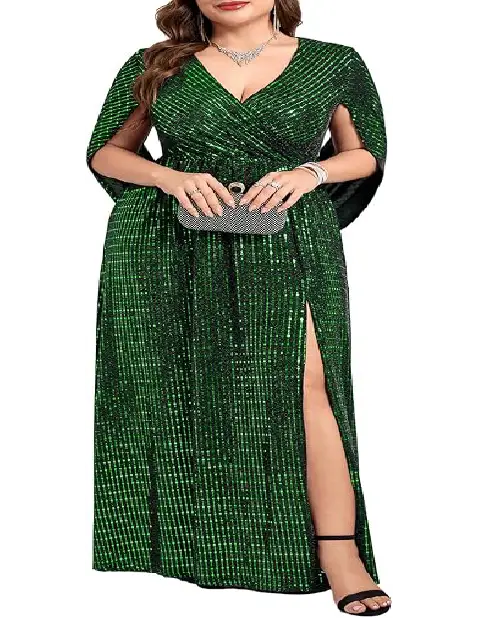 Dazzling emerald green metallic sequin plus size evening gown with cape sleeves and high leg slit.