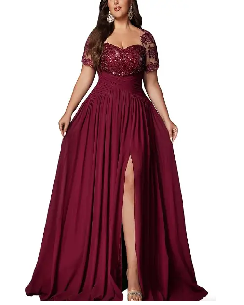 Deep burgundy evening gown featuring a sequined sweetheart bodice, sheer lace short sleeves, and a high front slit.