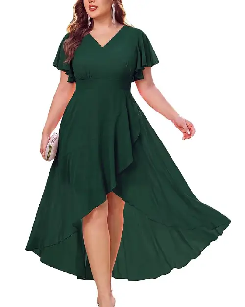 Emerald green high-low midi dress featuring short flutter sleeves, a V-neckline, and an asymmetrical ruffled hem.