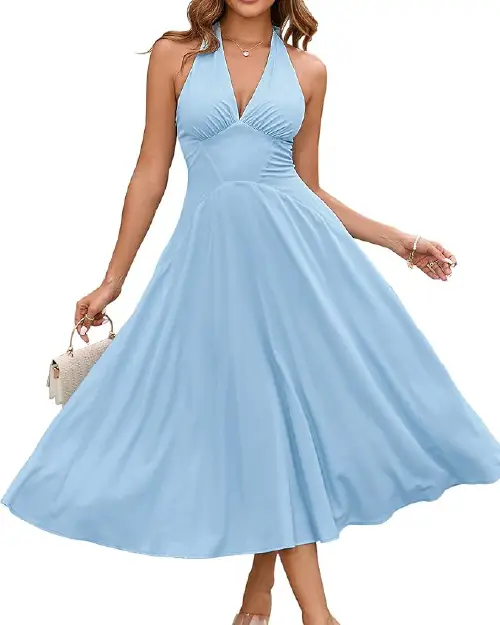 Sky Blue Halter V-Neck A-Line Midi Dress | Elegant Summer Party Dress