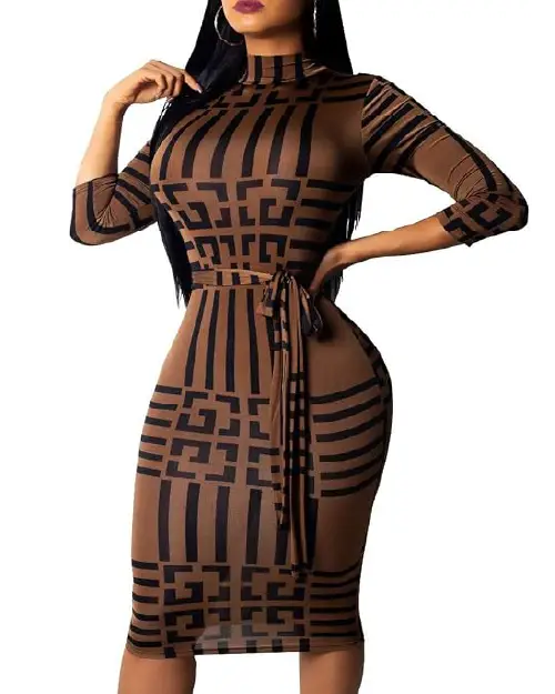 Model in a fitted brown 3/4-sleeve bodycon dress with a black geometric block pattern and a matching tie-waist belt.
