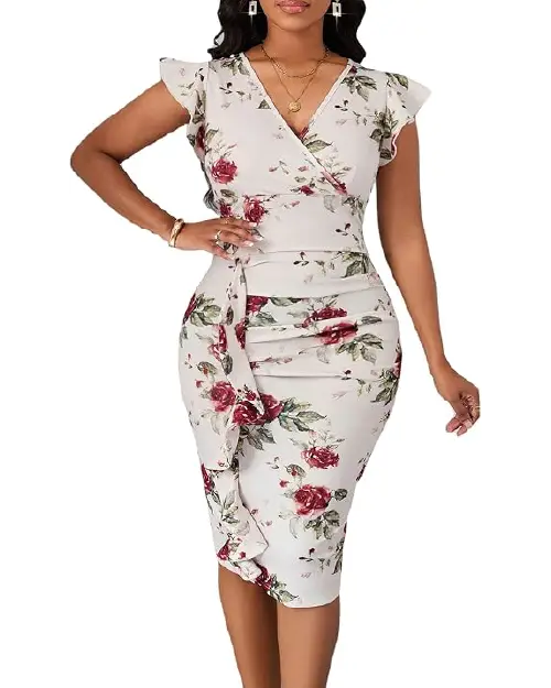 Model wearing a off-white fitted midi dress with maroon rose prints, flutter sleeves, and a ruched waist accent.